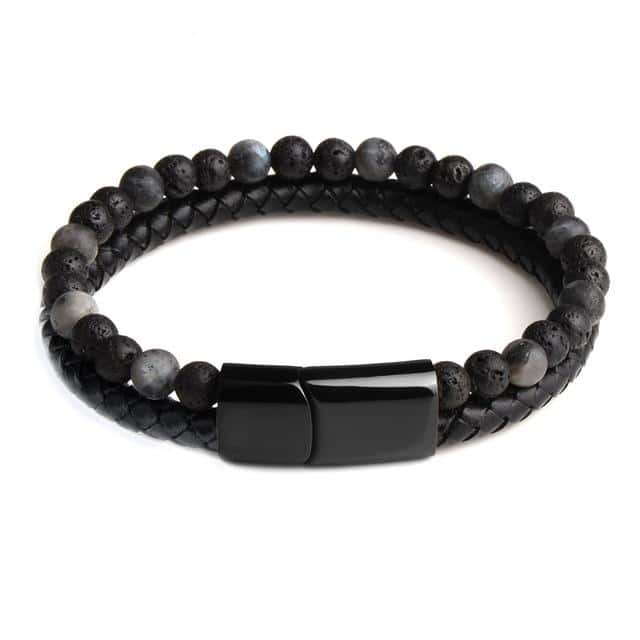 Antistressarmband <Br>Läder, Svart Obsidian Och Lavasten