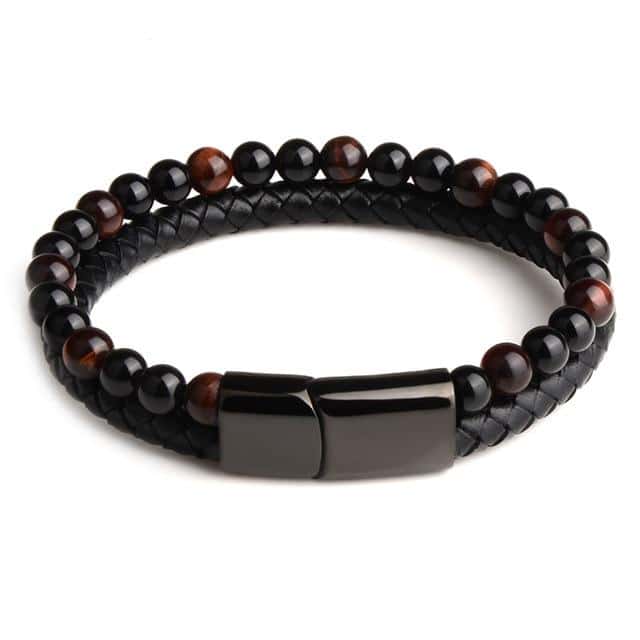 Antistressarmband <Br>Läder, Svart Obsidian Och Rött Tigeröga