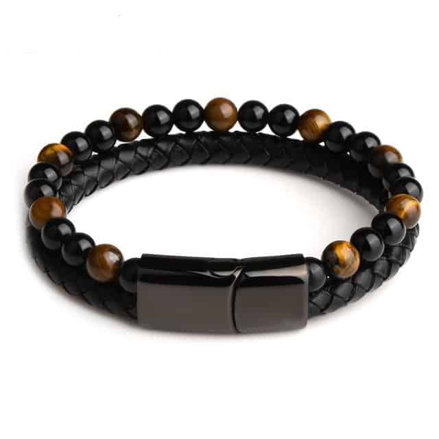 Antistressarmband <Br>Läder, Svart Obsidian Och Tigeröga