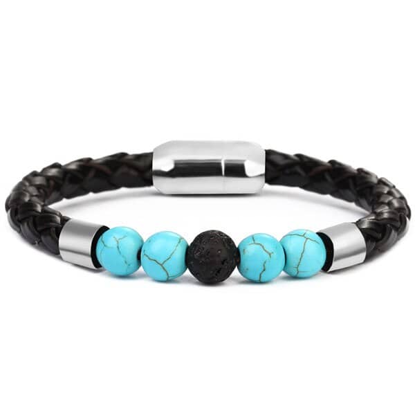 Antistressarmband <Br>Vävt Läder Turkos Sten